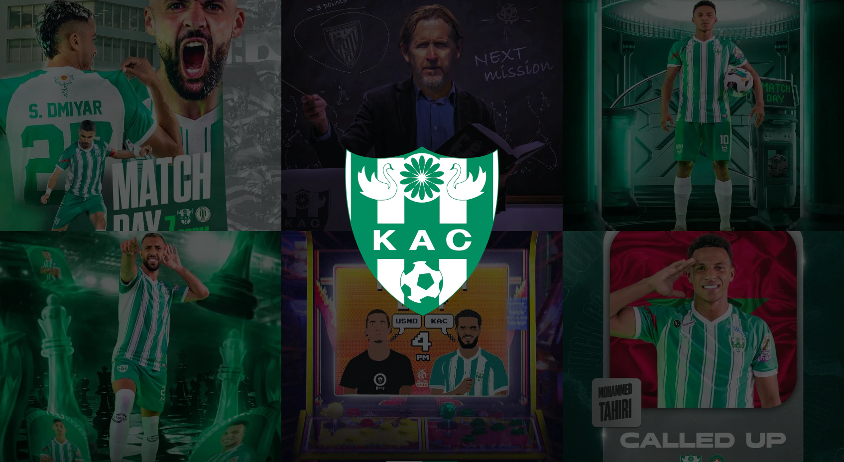 Six selected KAC social posts arranged around the official club crest