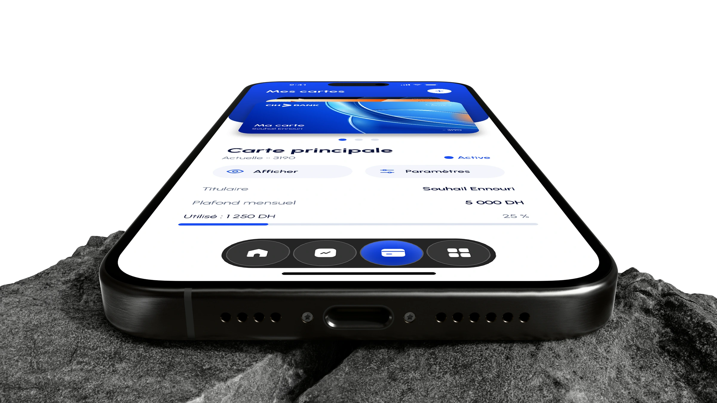Low-angle device mockup showing the CIH card interface