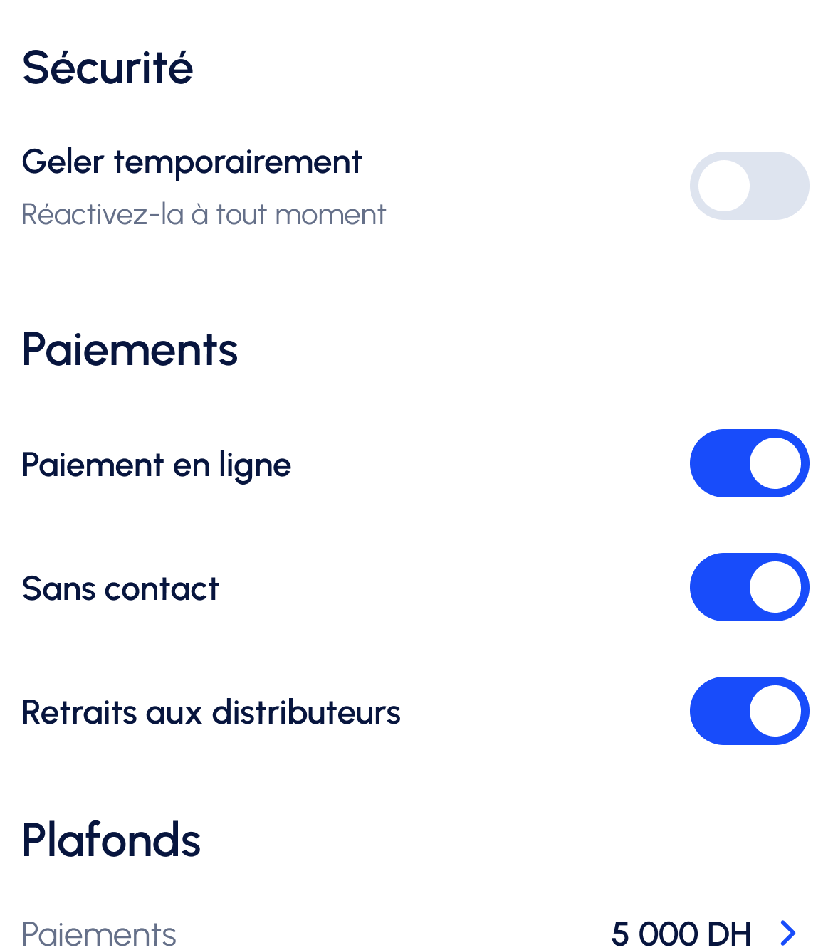 Card settings with inactive freeze and active online and contactless payment controls