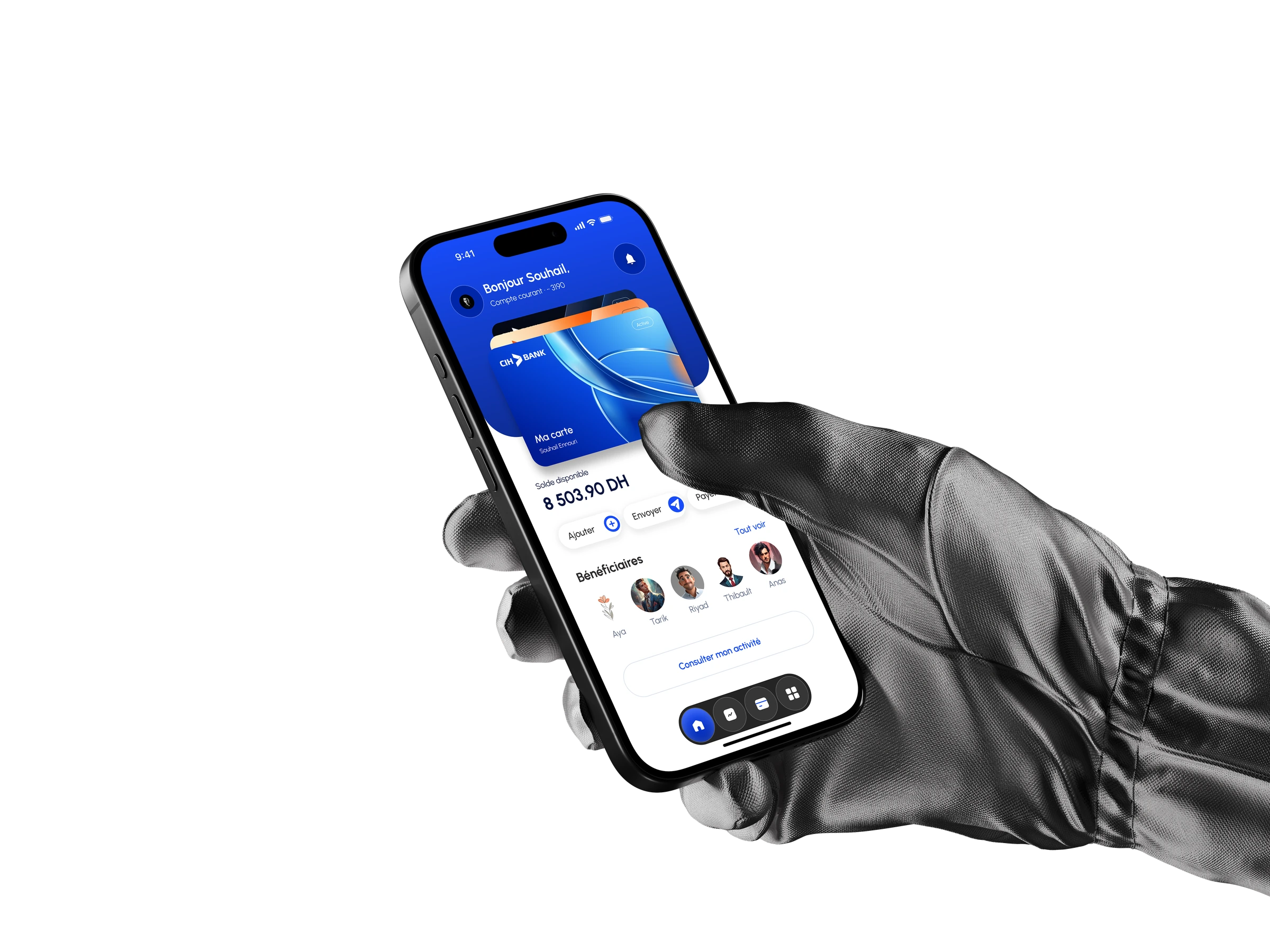 The redesigned CIH home screen held in a black glove