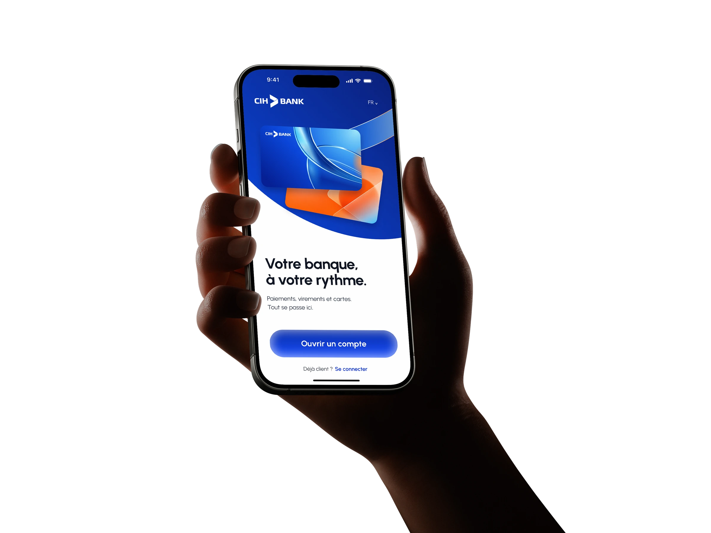 CIH welcome screen in a hand-held iPhone mockup
