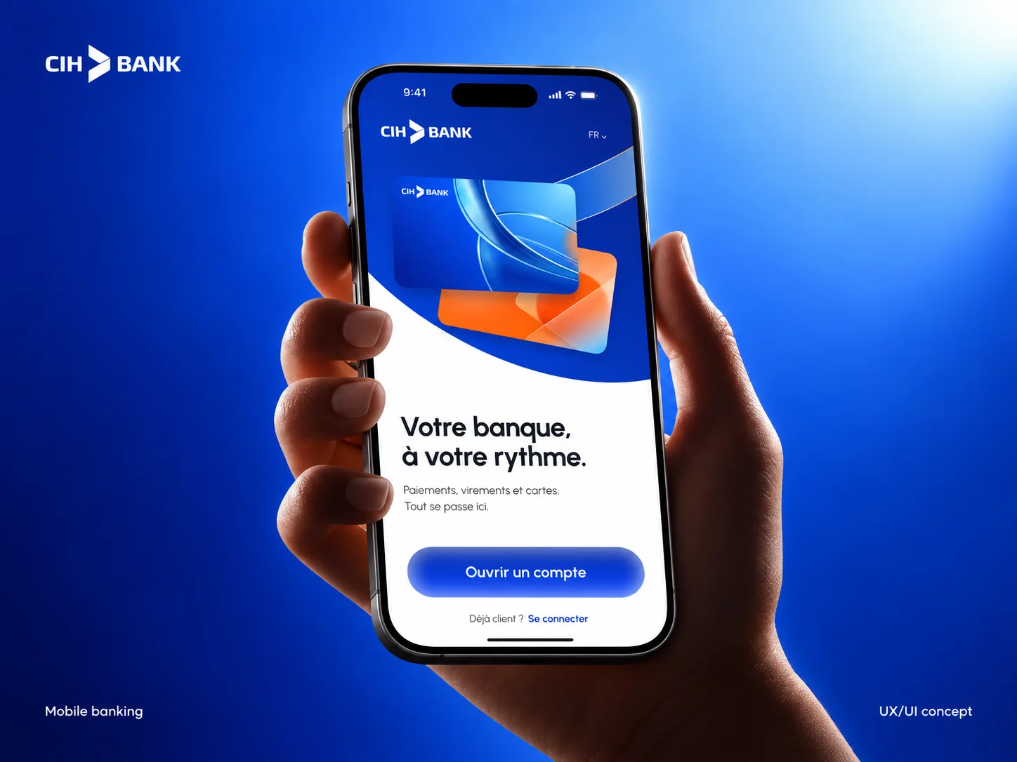 CIH Bank app concept on a hand-held phone against a cobalt-blue studio backdrop