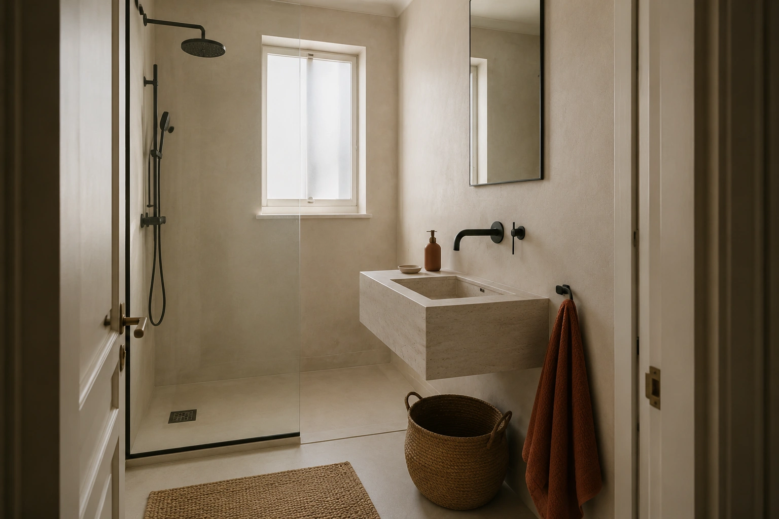 City Room bathroom with practical fixtures and tactile finishes