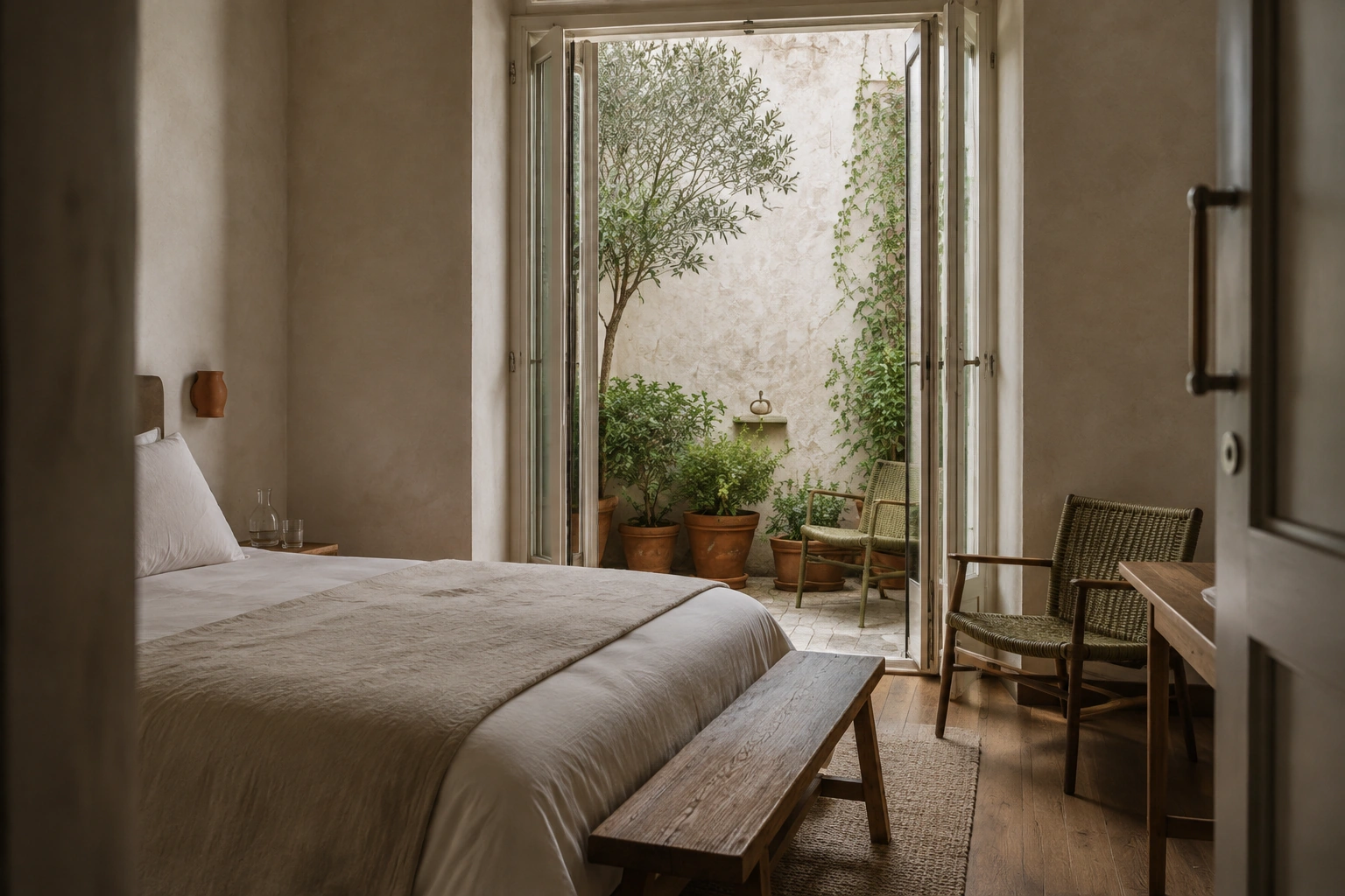 Courtyard-facing room with natural materials and a quiet outlook