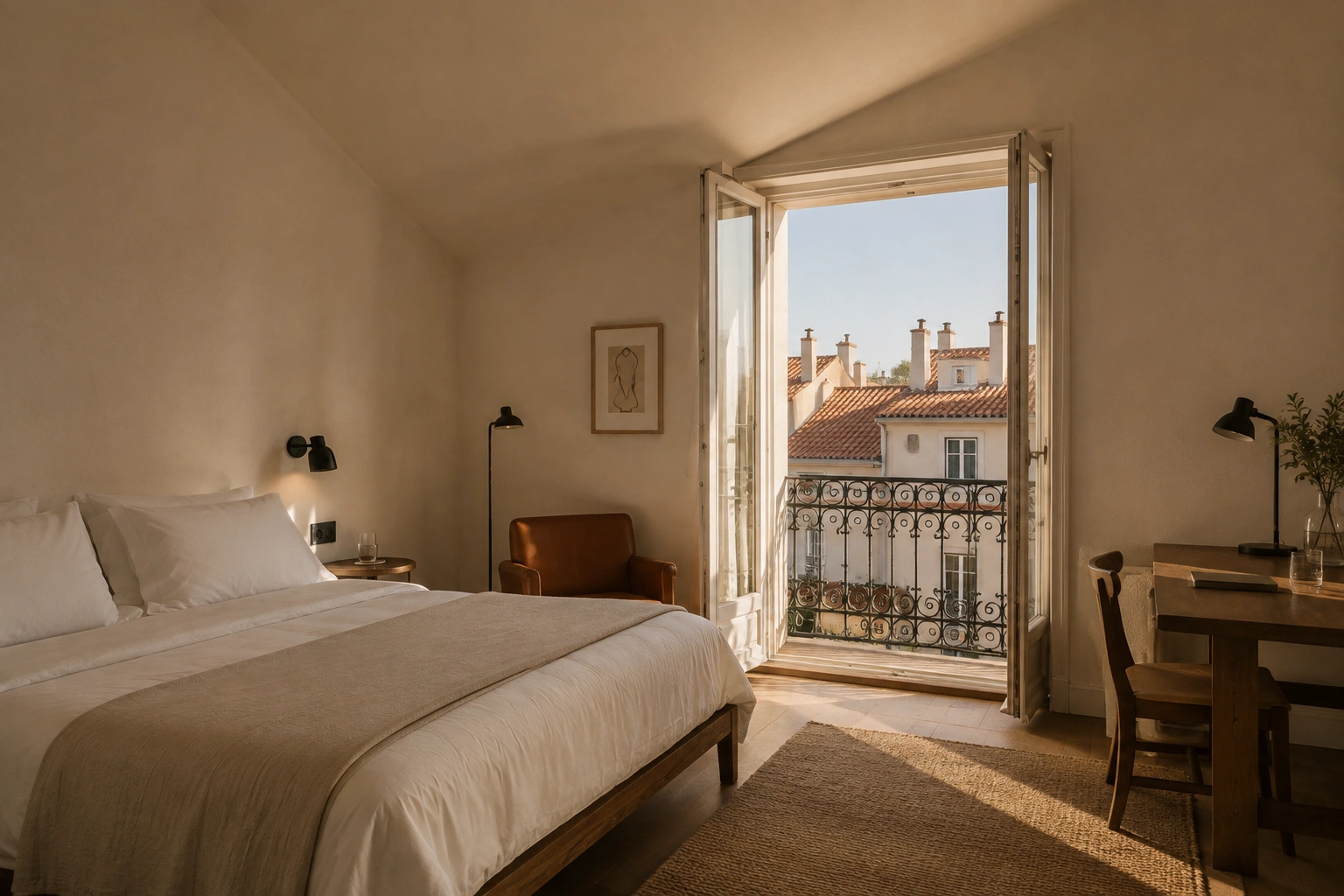 Top Floor Room with king bed and rooftop outlook