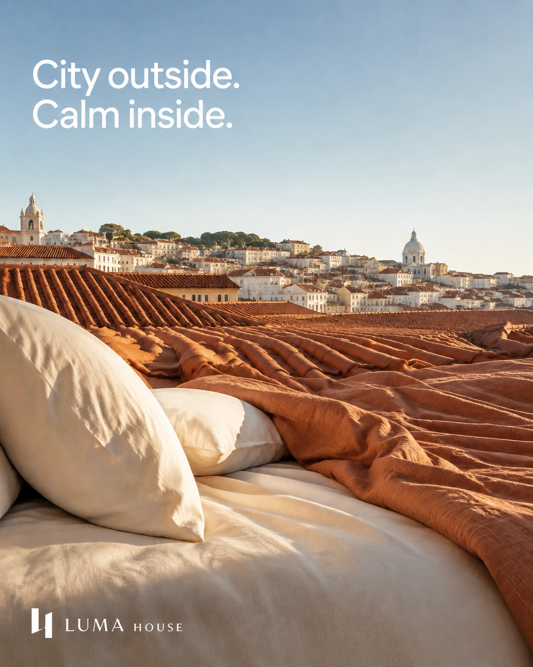 Lisbon rooftops merge into terracotta bed linen beneath the headline City outside. Calm inside.