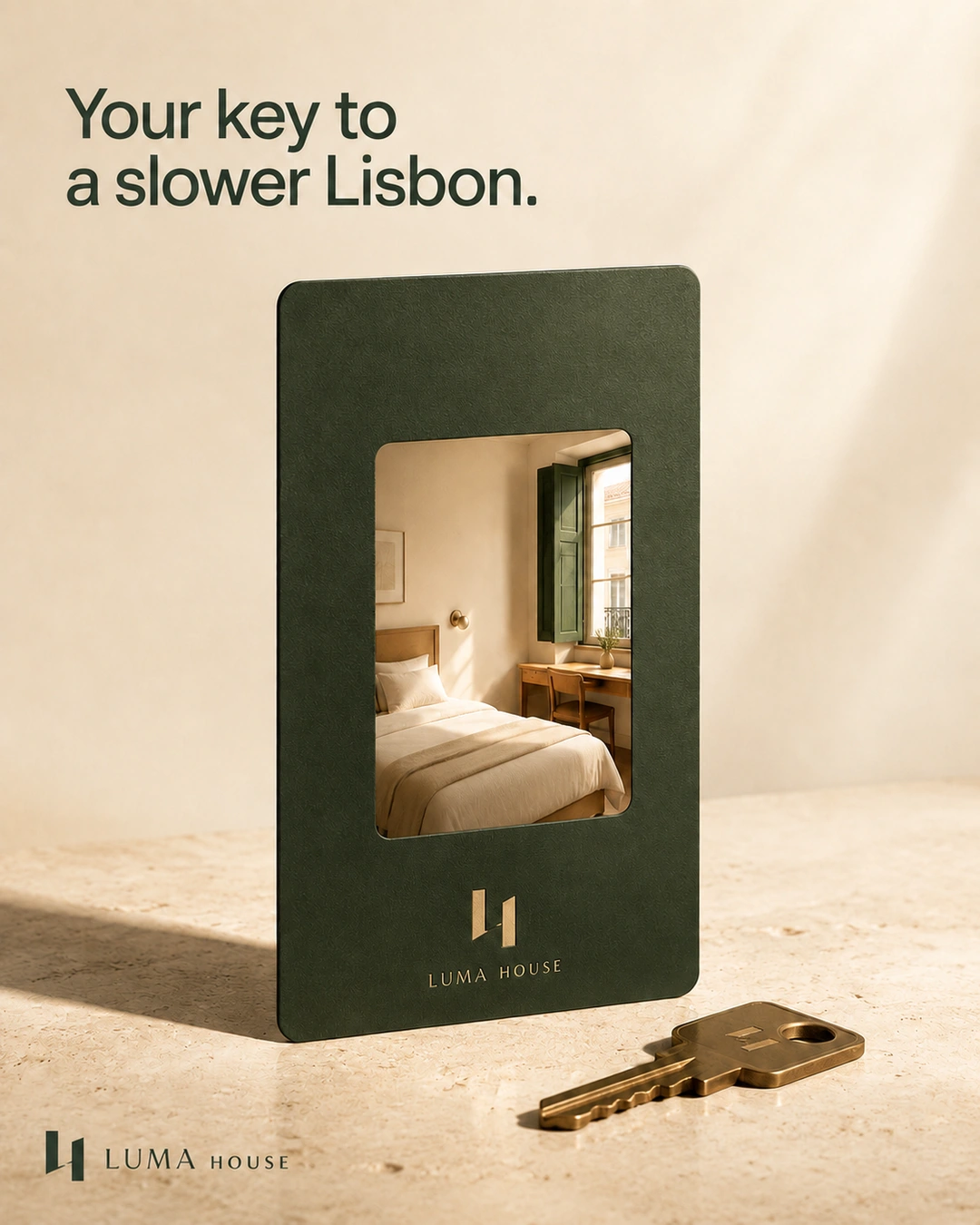 A green keycard contains a sunlit guest room, with a brass key beside it.