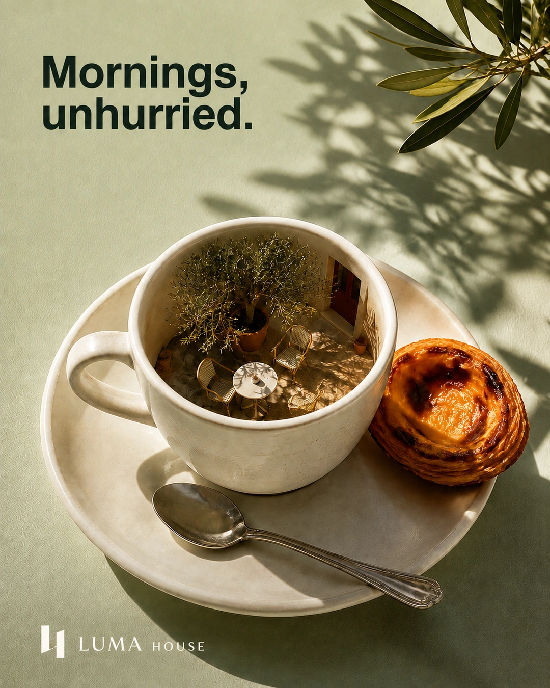 A miniature courtyard with an olive tree and breakfast table sits inside an espresso cup beside a pastel de nata.
