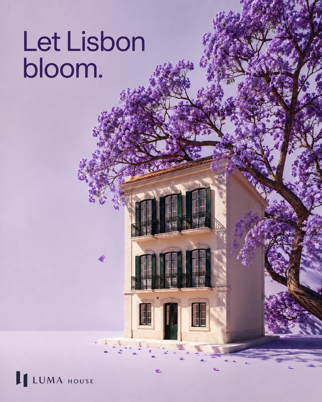 A small green-shuttered Lisbon house sits beside an oversized purple jacaranda tree.