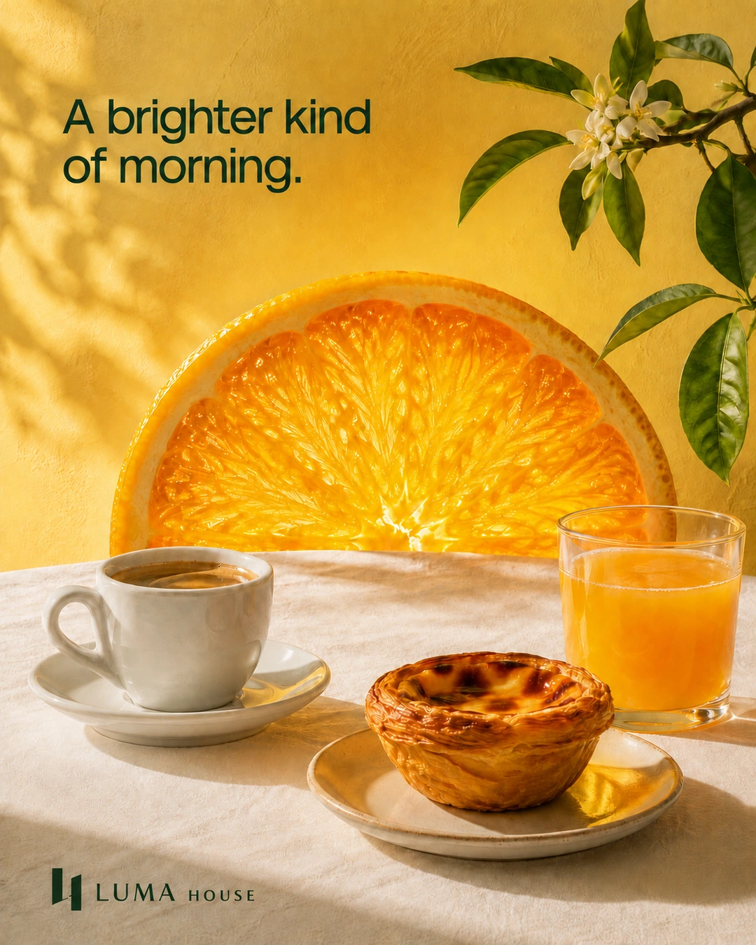 A giant backlit orange half rises behind an espresso, orange juice and a pastel de nata.