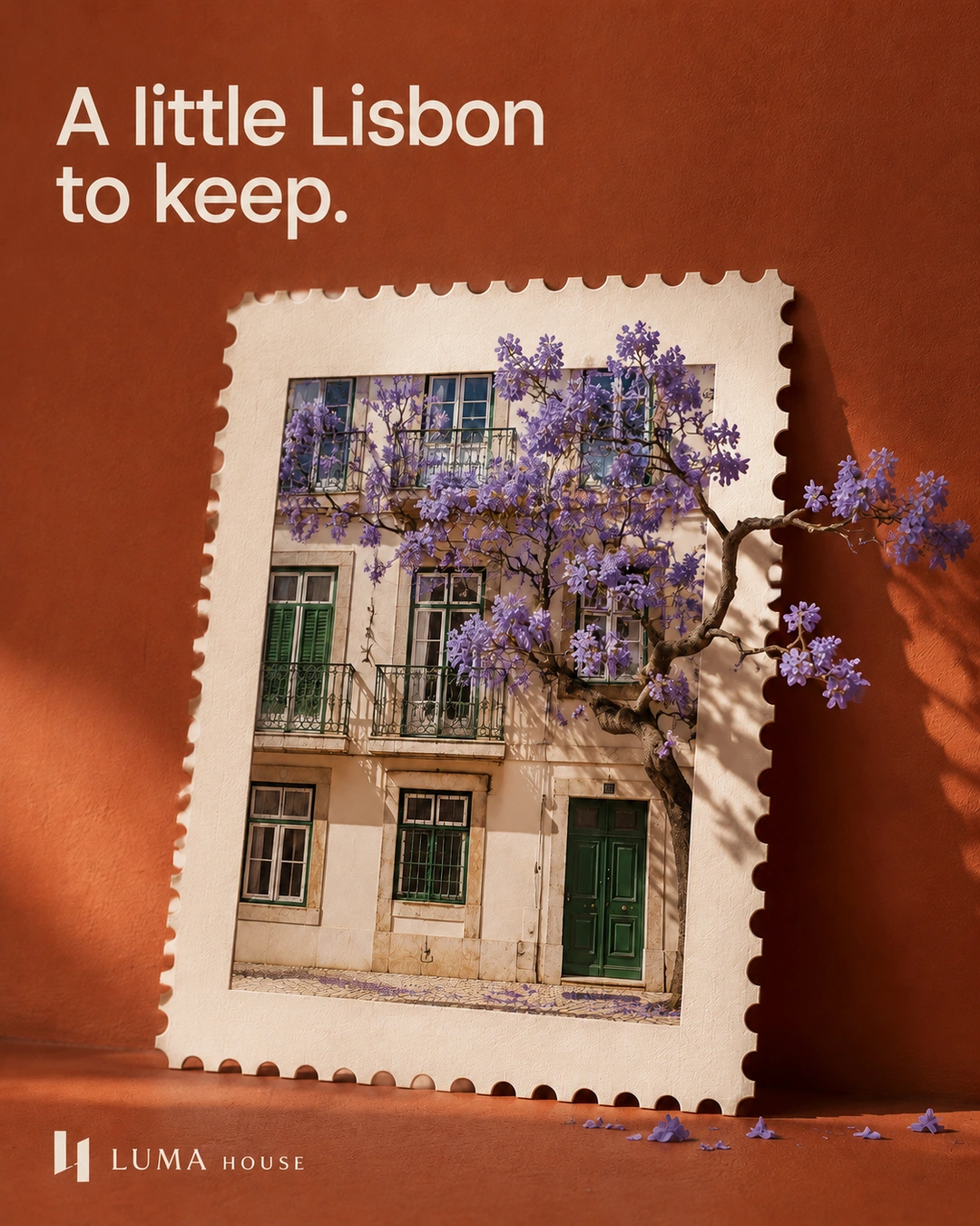 A jacaranda branch extends out of a large postage-stamp image of a Lisbon house.