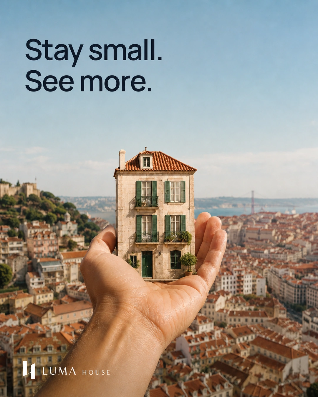 A hand holds a miniature Lisbon townhouse in front of a broad city skyline.