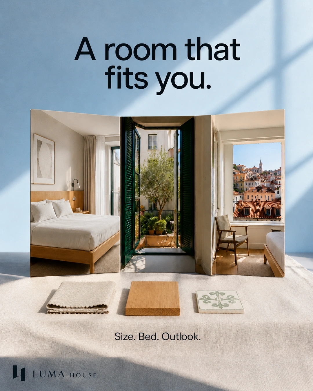 Three folded room-view panels stand above linen, wood and ceramic material samples.