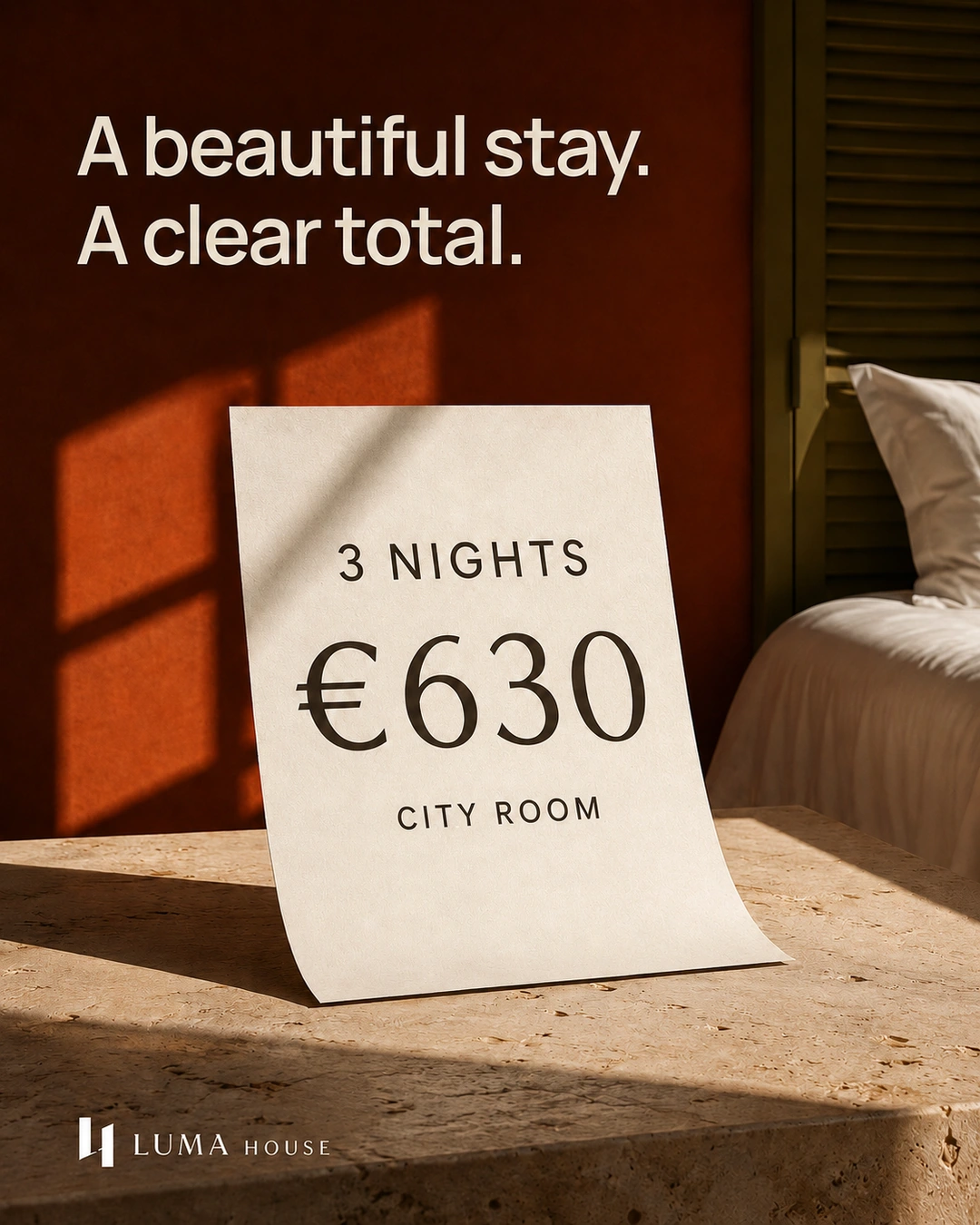 An ivory price slip displays 3 nights and €630 against a sunlit terracotta room.