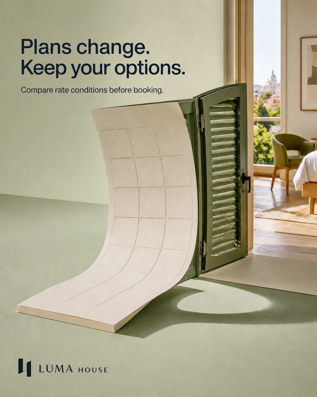 A curved calendar-like paper sheet becomes an open green shutter revealing a room.