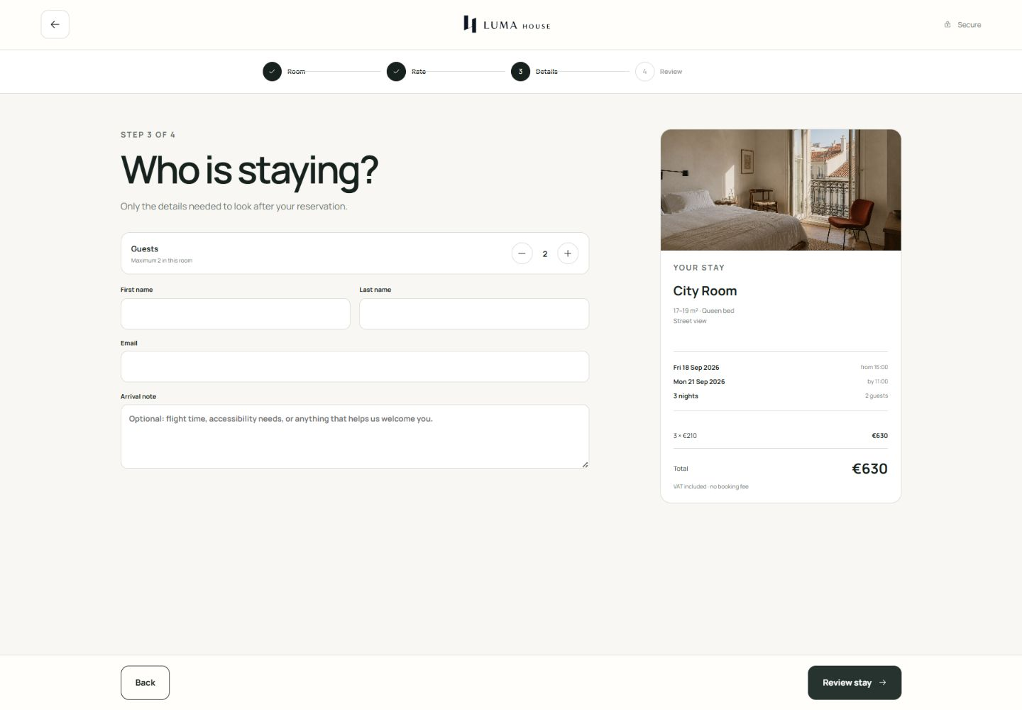 03 / Details — only the information the stay needs