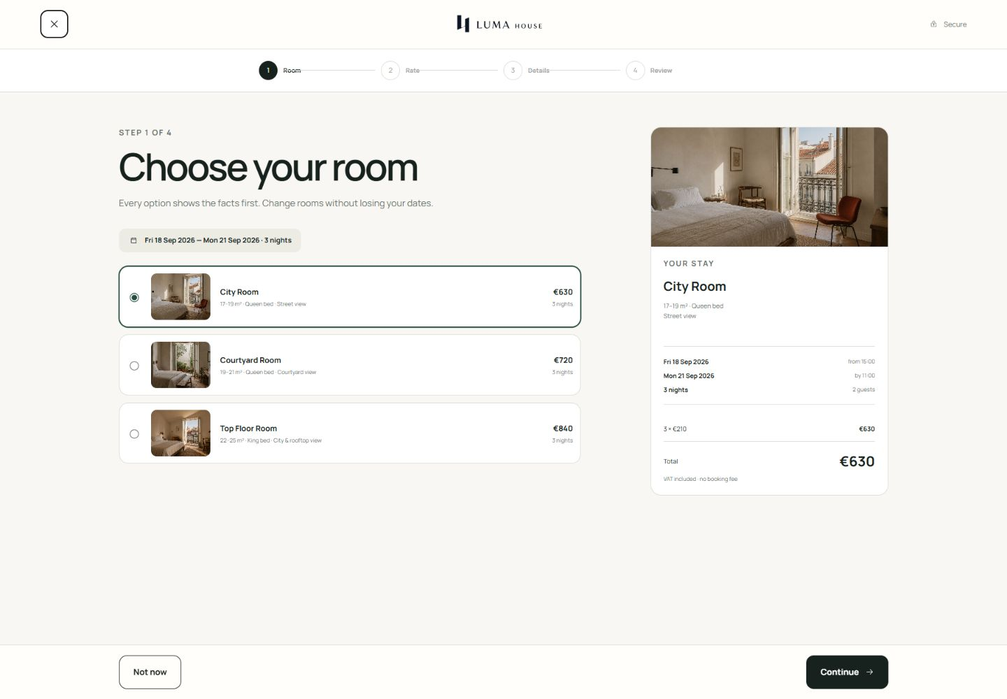 01 / Room — compare size, bed, outlook and total
